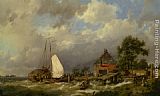 Hermanus Koekkoek Snr Boats Docking in an Estuary painting